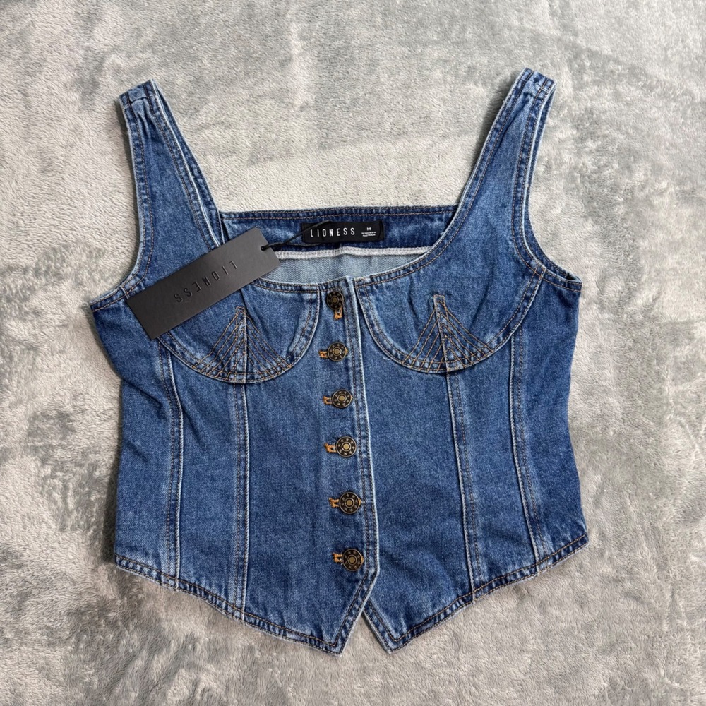 Lioness After Hours Corset Top Denim Blue Button Front Square Neck Size M NEW